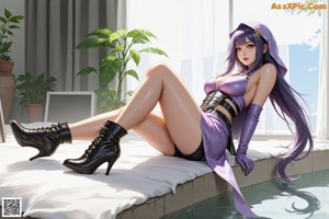 A woman with long black hair and a purple headband.