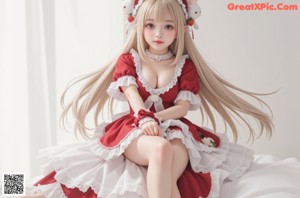 A woman in a red and white dress standing on a rock by the water.