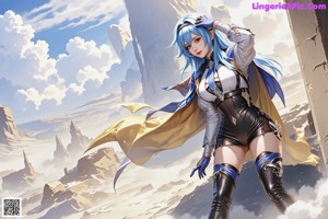 A woman with blue hair standing in a field of flowers.