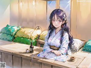 A woman in a kimono standing in front of a bar.